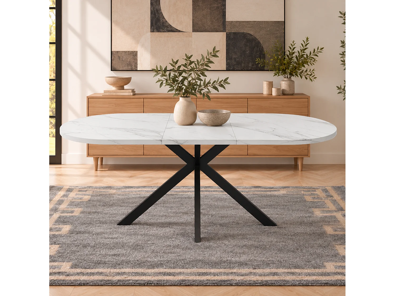 Utdragbart ovalt matbord 120/160 x 80 cm med integrerad iläggsskiva och metallben - MDF - Vit marmoreffekt