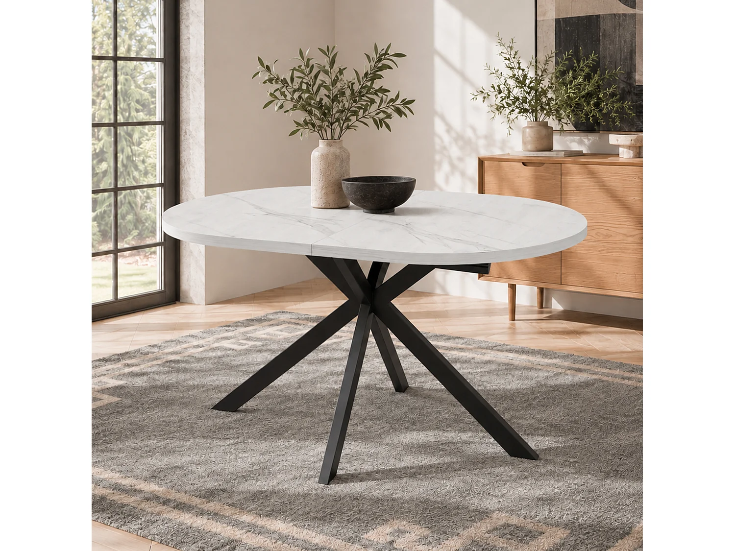 Utdragbart ovalt matbord 120/160 x 80 cm med integrerad iläggsskiva och metallben - MDF - Vit marmoreffekt