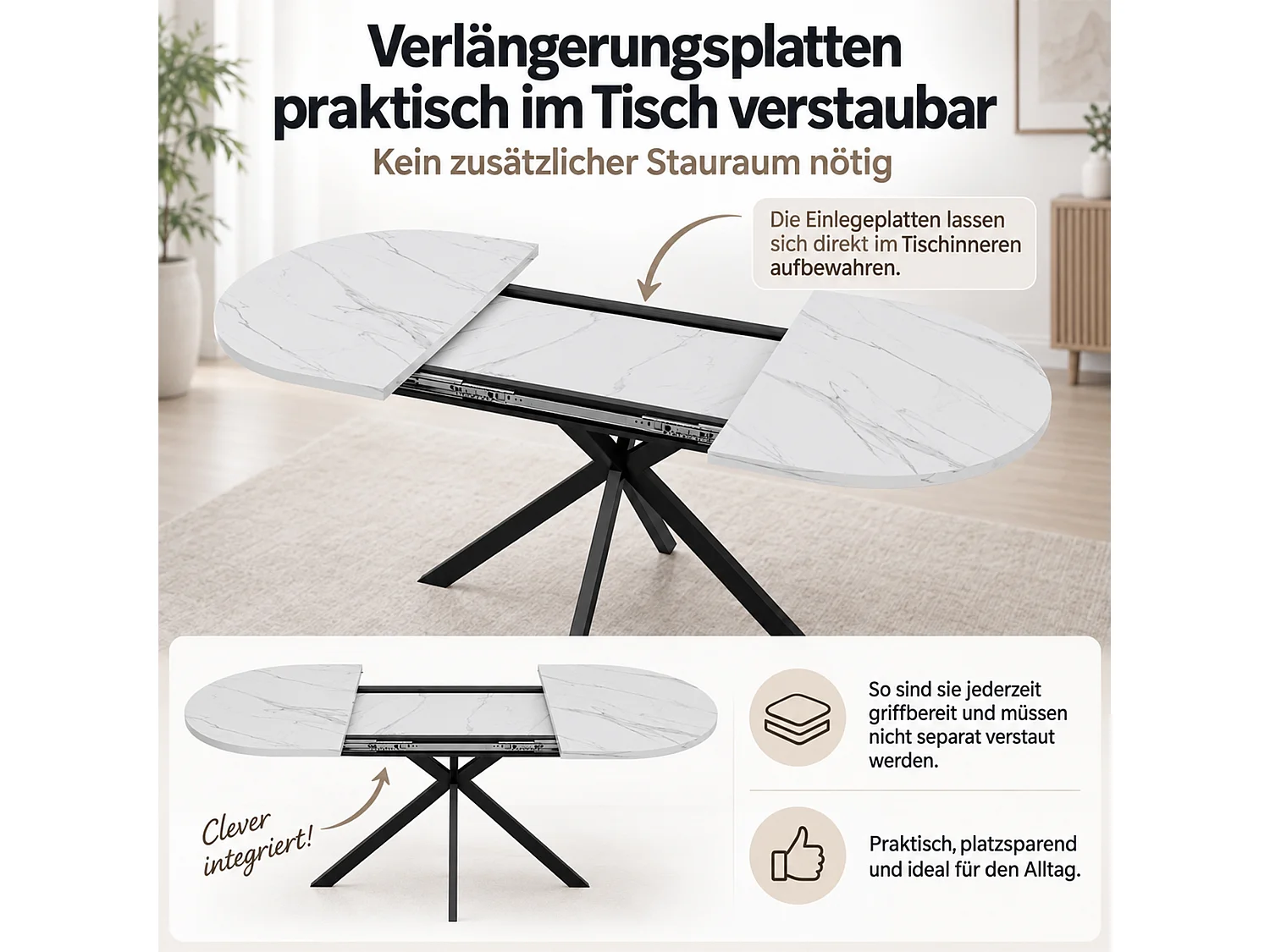 Utdragbart ovalt matbord 120/160 x 80 cm med integrerad iläggsskiva och metallben - MDF - Vit marmoreffekt