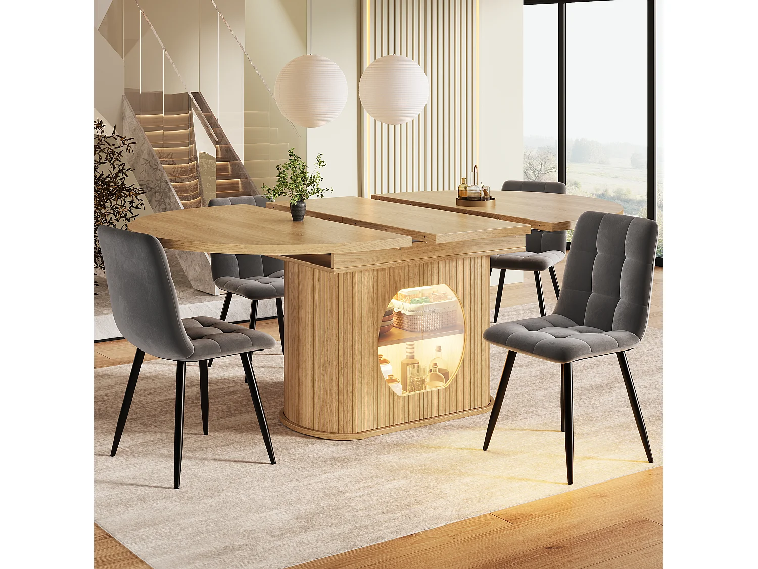 Mesa de jantar extensível com 2 portas de abertura por pressão - MDF - 118 a 158 x 118 x 76,8 cm - Acabamento natural