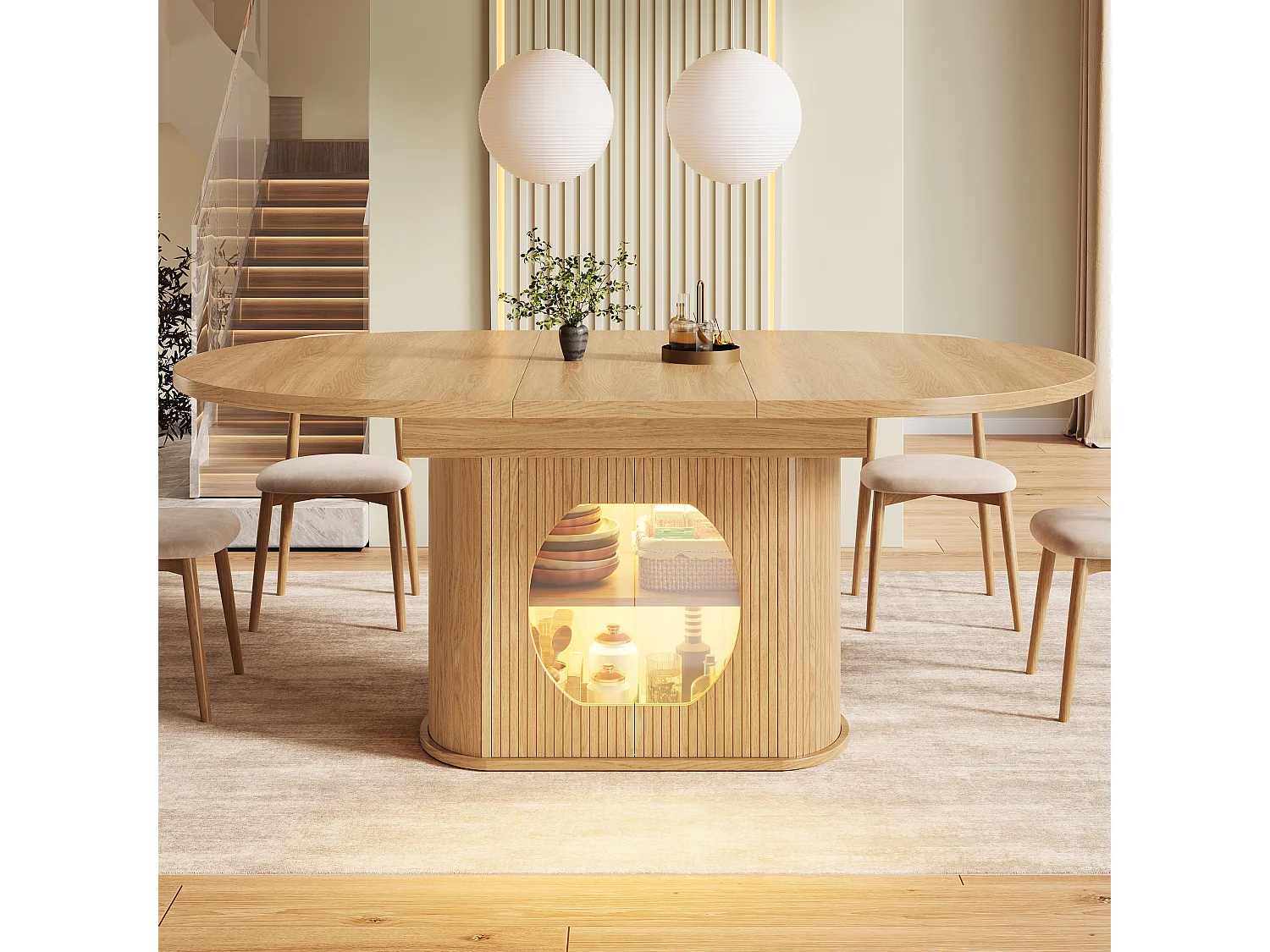 Mesa de jantar extensível com 2 portas de abertura por pressão - MDF - 118 a 158 x 118 x 76,8 cm - Acabamento natural