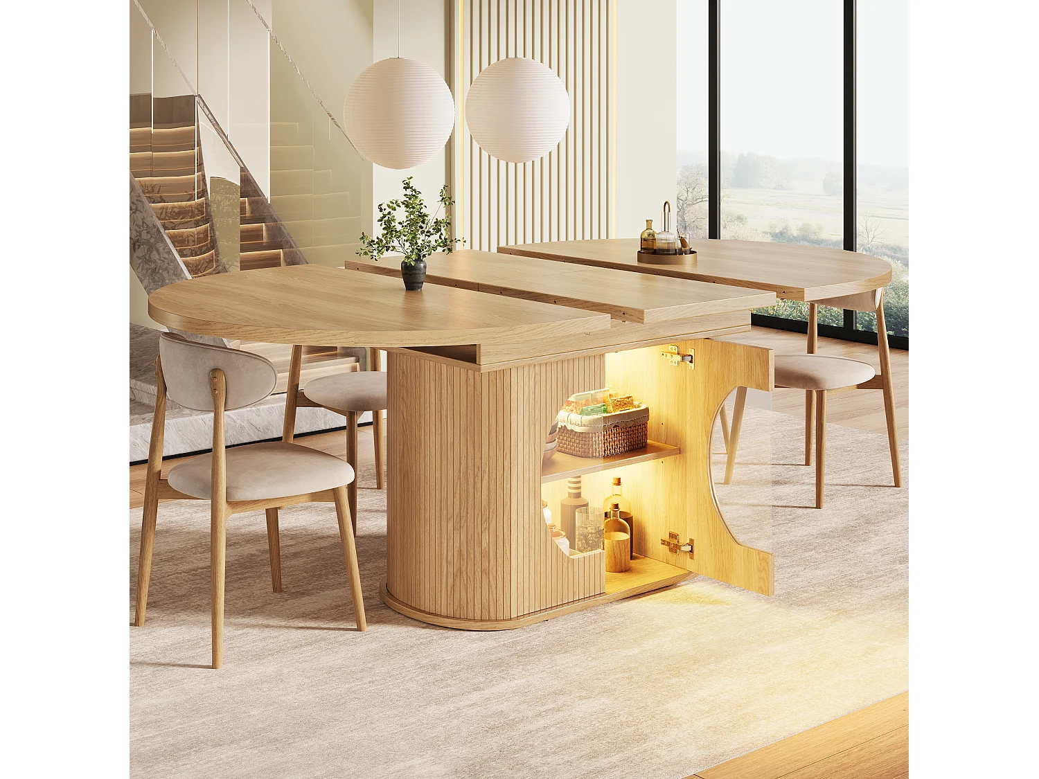 Mesa de jantar extensível com 2 portas de abertura por pressão - MDF - 118 a 158 x 118 x 76,8 cm - Acabamento natural