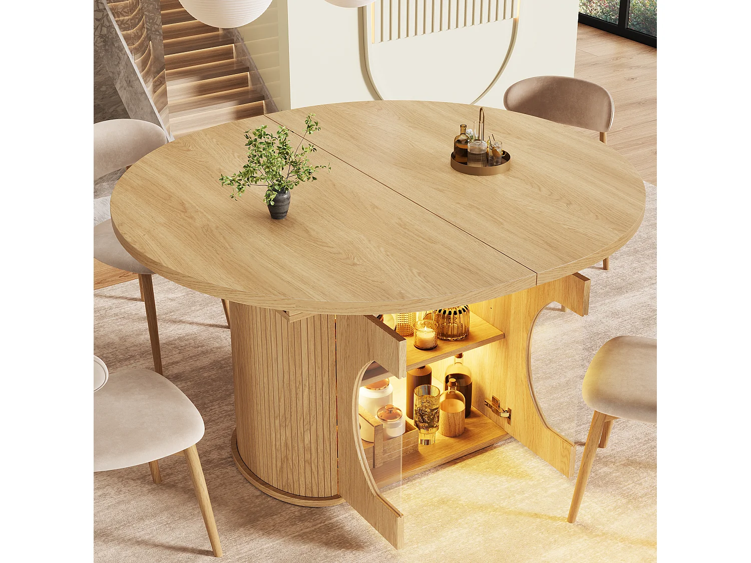 Mesa de jantar extensível com 2 portas de abertura por pressão - MDF - 118 a 158 x 118 x 76,8 cm - Acabamento natural