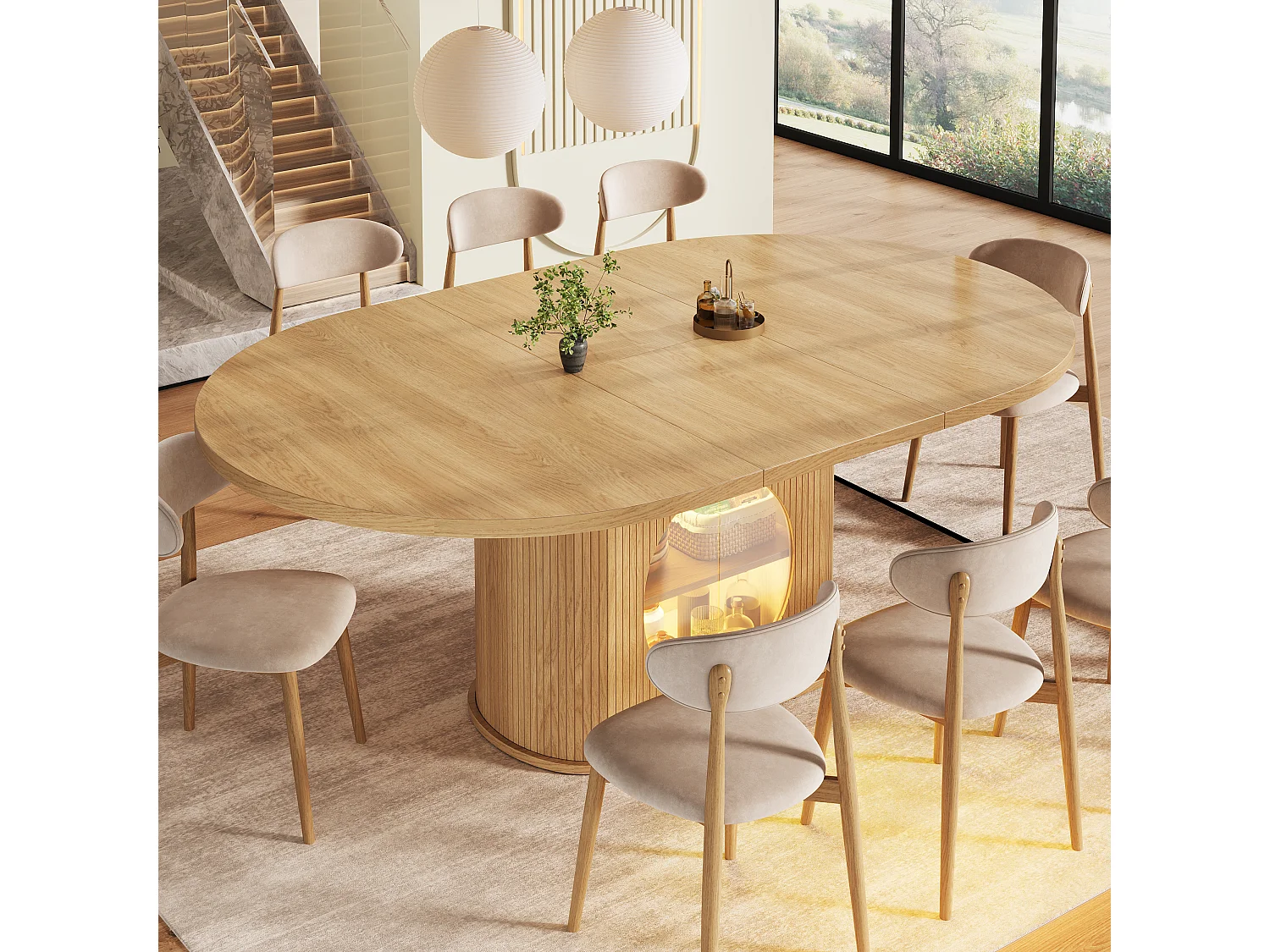 Mesa de jantar extensível com 2 portas de abertura por pressão - MDF - 118 a 158 x 118 x 76,8 cm - Acabamento natural