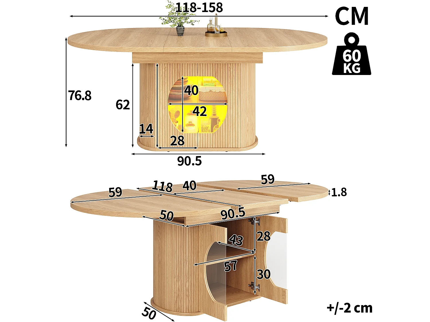 Mesa de jantar extensível com 2 portas de abertura por pressão - MDF - 118 a 158 x 118 x 76,8 cm - Acabamento natural
