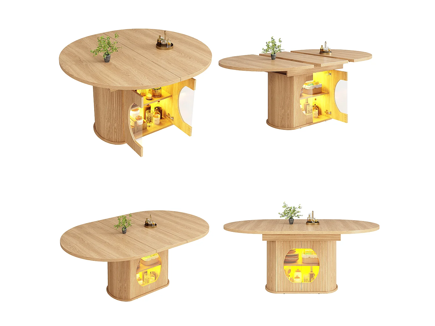 Mesa de jantar extensível com 2 portas de abertura por pressão - MDF - 118 a 158 x 118 x 76,8 cm - Acabamento natural