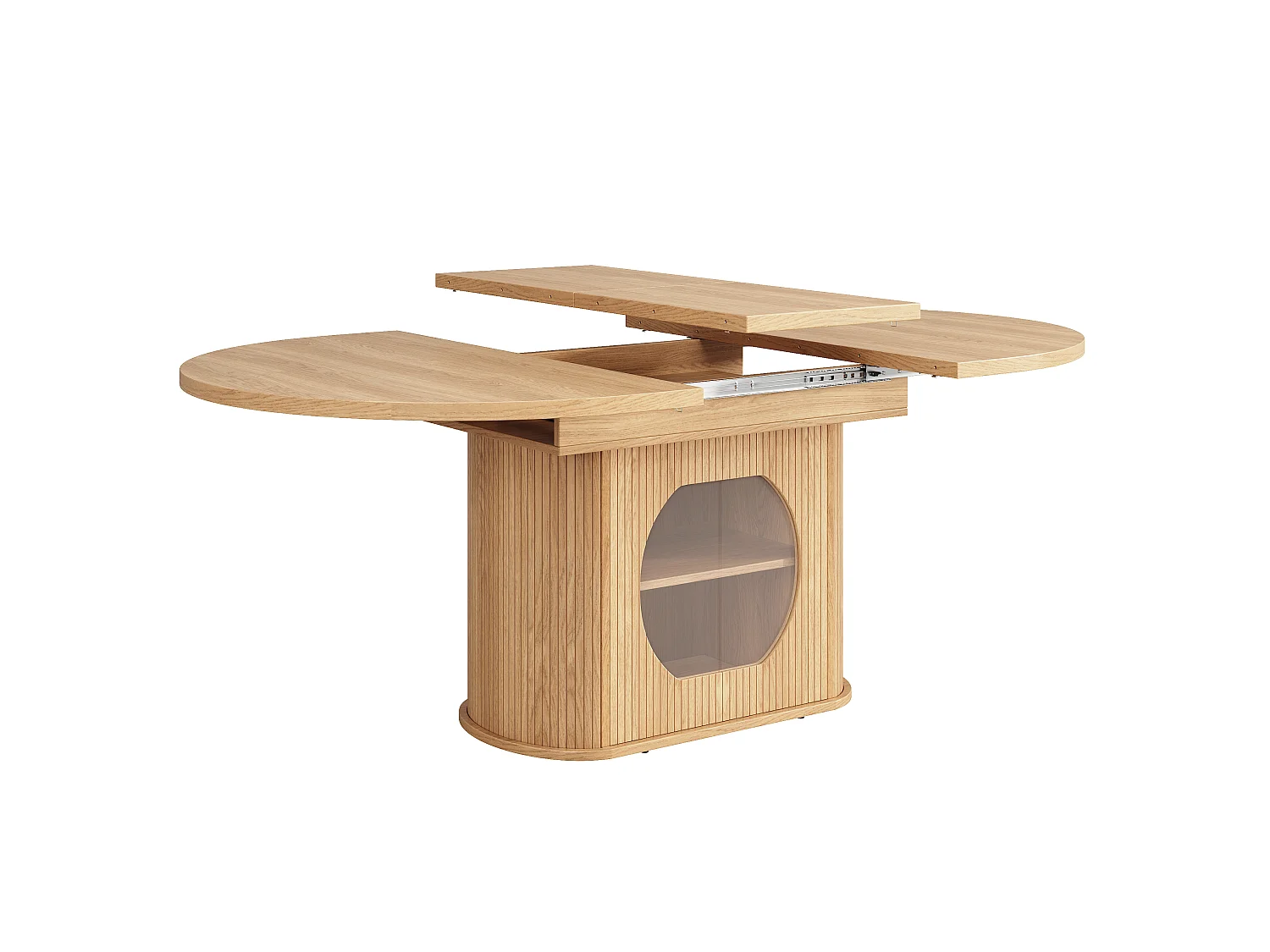 Mesa de jantar extensível com 2 portas de abertura por pressão - MDF - 118 a 158 x 118 x 76,8 cm - Acabamento natural
