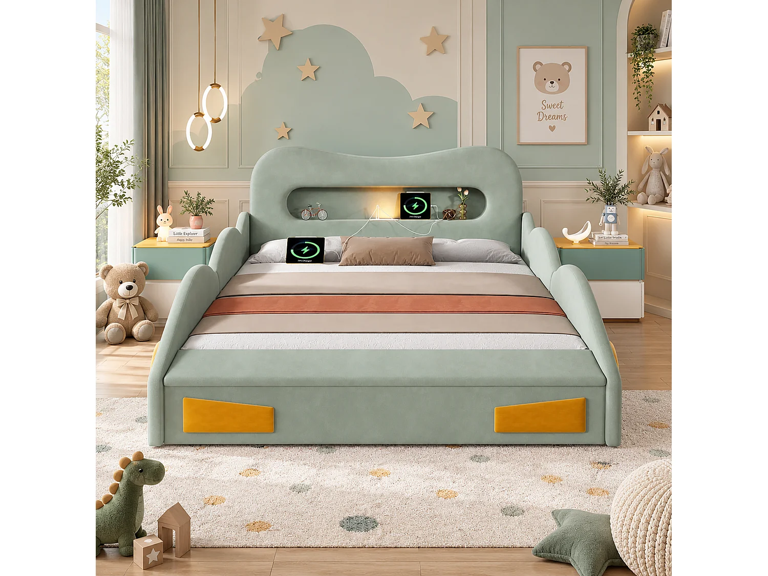 Lit voiture capitonné 140 x 200 cm avec liseuse, port de charge, coffre et roulettes - Velours - Vert (sans matelas)