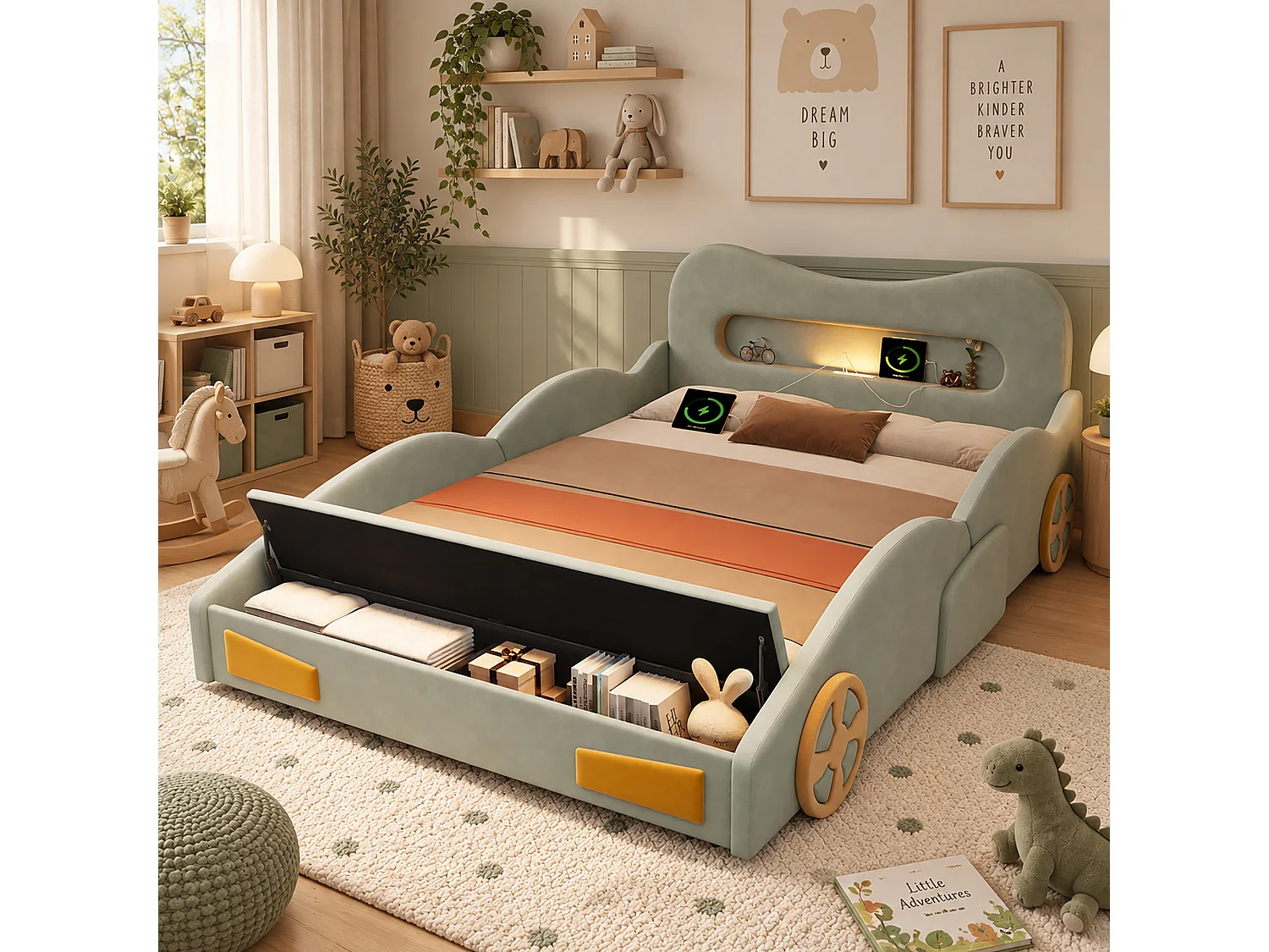 Lit voiture capitonné 140 x 200 cm avec liseuse, port de charge, coffre et roulettes - Velours - Vert (sans matelas)