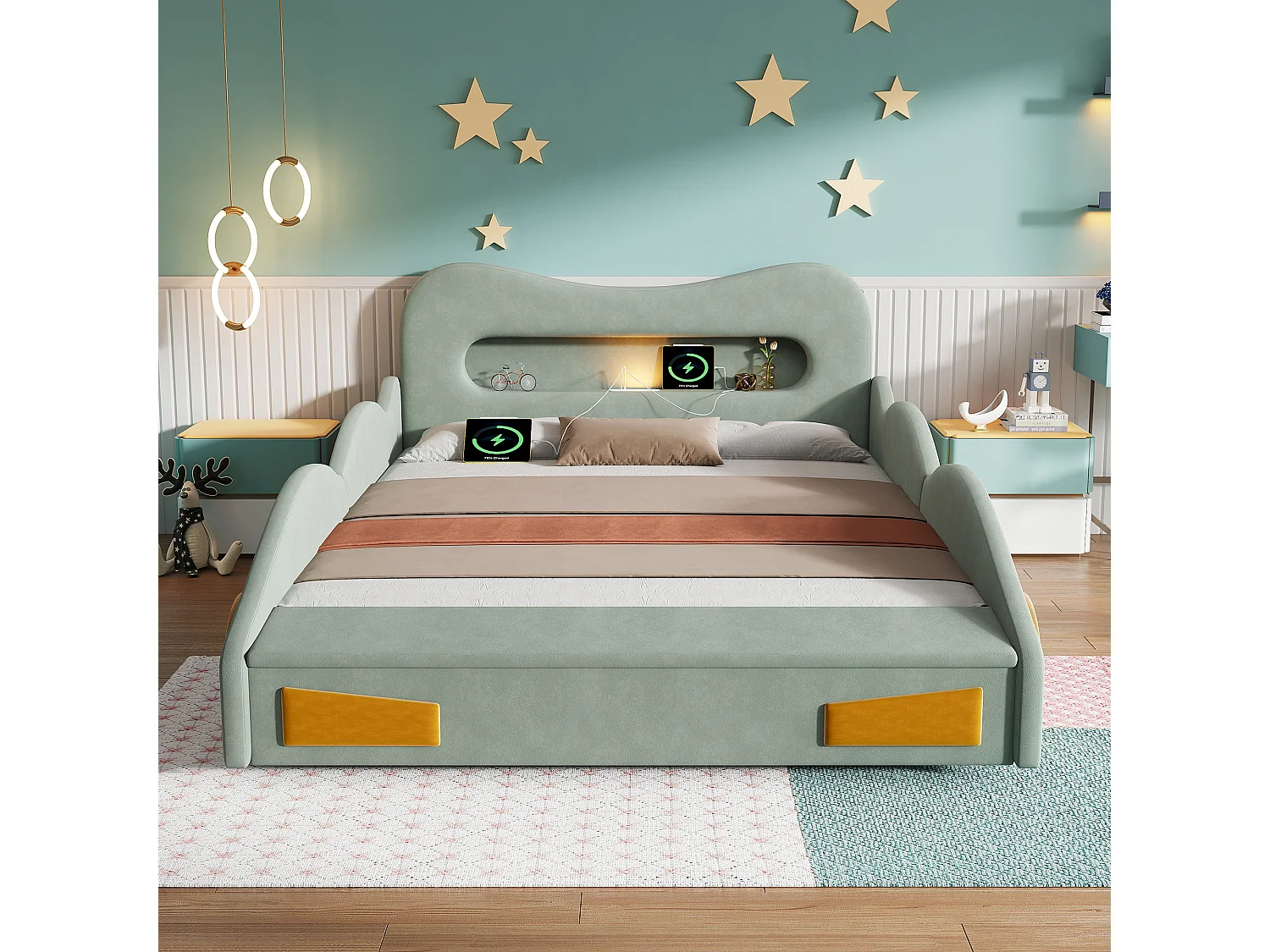 Lit voiture capitonné 140 x 200 cm avec liseuse, port de charge, coffre et roulettes - Velours - Vert (sans matelas)