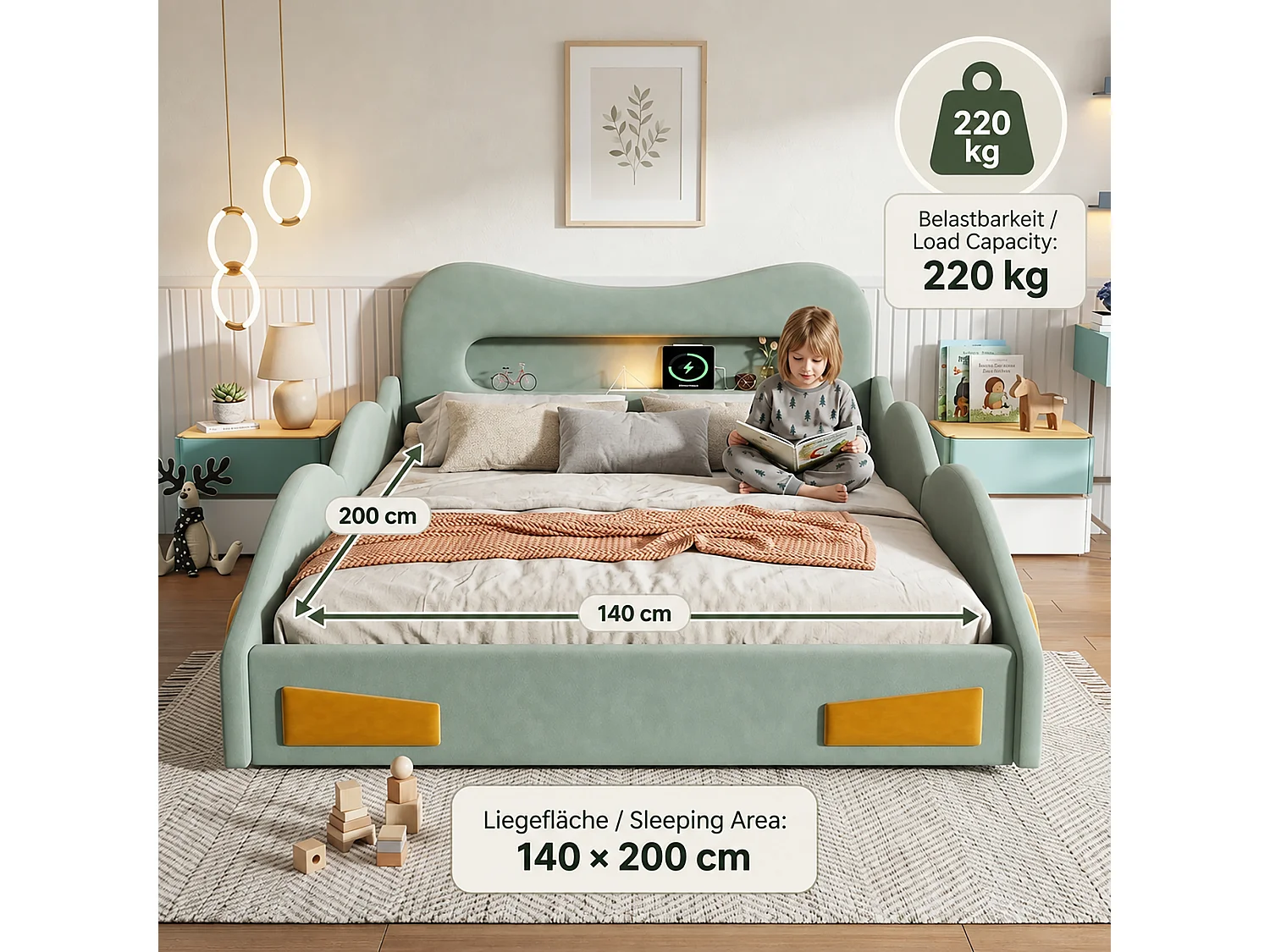 Lit voiture capitonné 140 x 200 cm avec liseuse, port de charge, coffre et roulettes - Velours - Vert (sans matelas)
