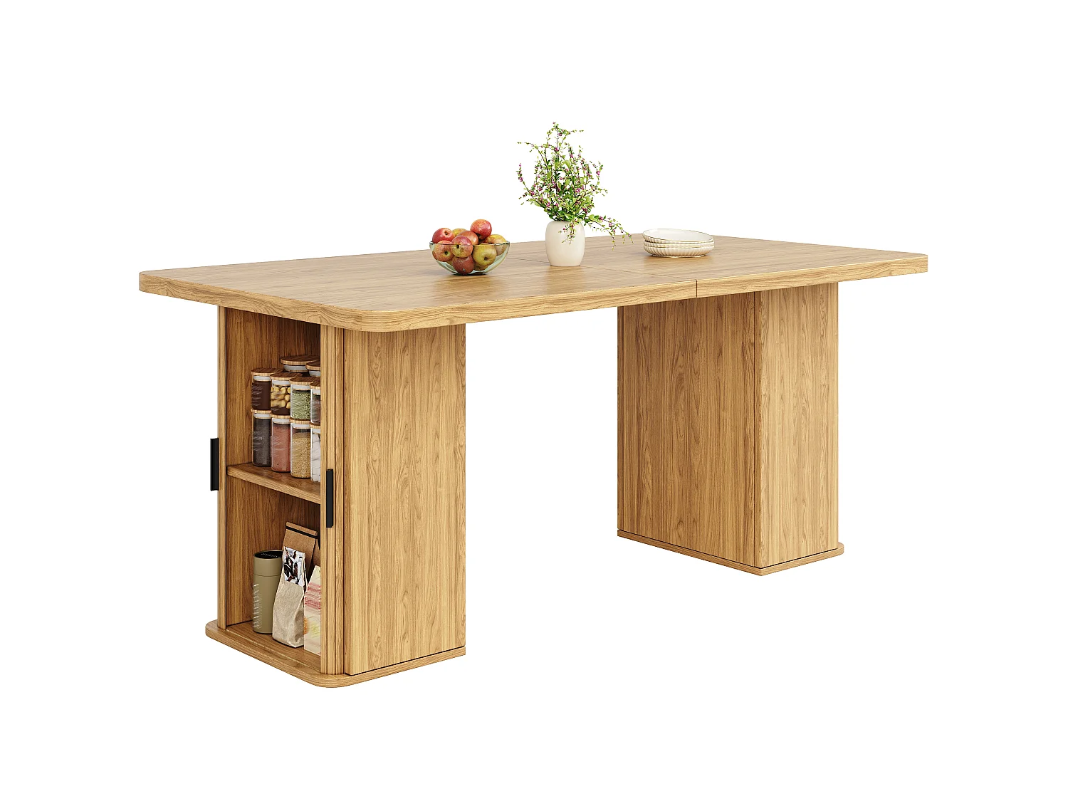 Table à manger extensible 140/180 x 80 x 75 cm avec rangements intégrés - MDF et métal - Couleur bois