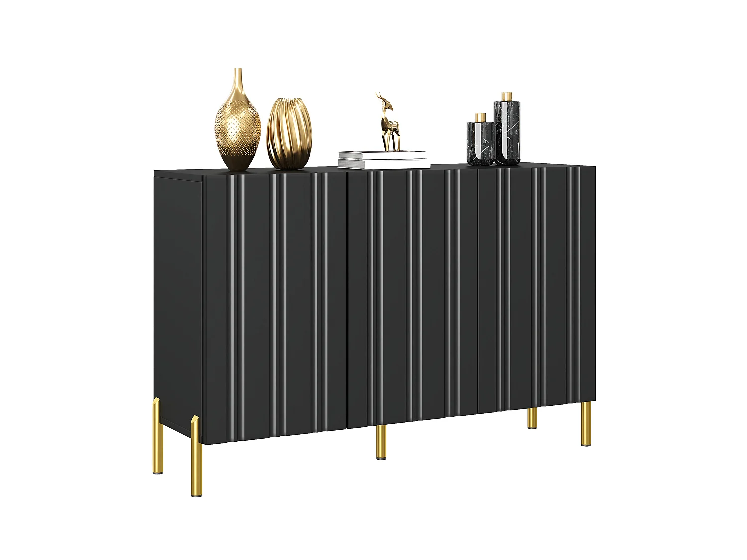 Buffet avec 3 portes rainurées, étagères réglables et pieds en métal - MDF et panneaux de particules - 120 x 35,5 x 80 cm - Noir