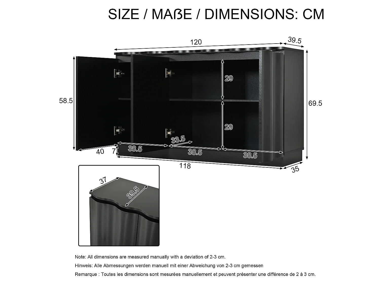 Buffet avec LED, 3 portes à façade ondulée et étagères réglables - Panneaux de particules - 120 x 39,5 x 69,5 cm - Noir