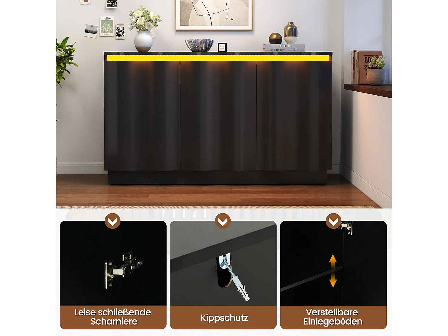 Buffet avec LED, 3 portes à façade ondulée et étagères réglables - Panneaux de particules - 120 x 39,5 x 69,5 cm - Noir