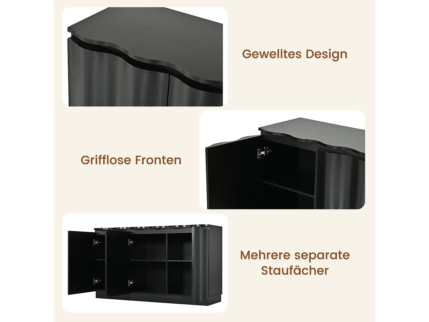 Buffet avec LED, 3 portes à façade ondulée et étagères réglables - Panneaux de particules - 120 x 39,5 x 69,5 cm - Noir