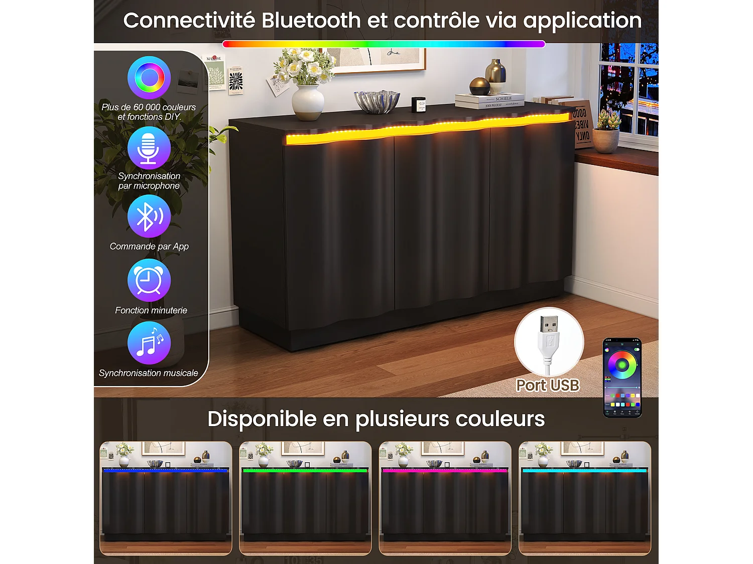 Buffet avec LED, 3 portes à façade ondulée et étagères réglables - Panneaux de particules - 120 x 39,5 x 69,5 cm - Noir