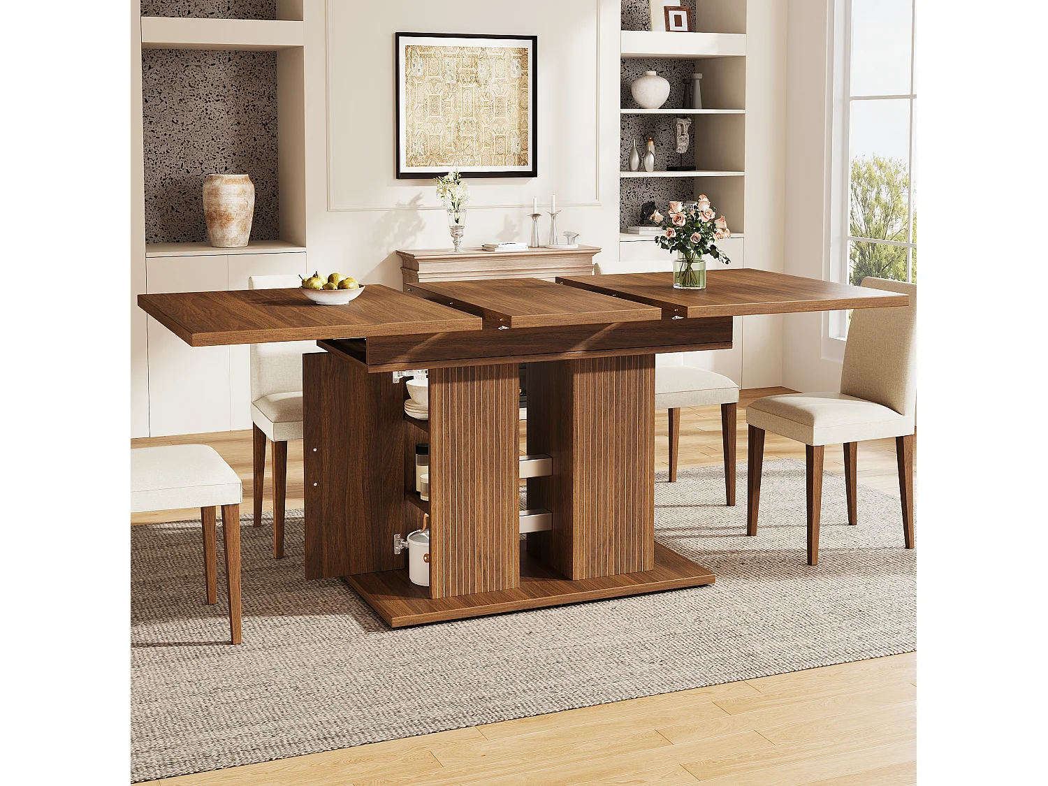 Rozkładany stół jadalny 120/160 x 80 x 75 cm ze schowkiem i podstawą z listew - MDF i metal - Ciemny brąz
