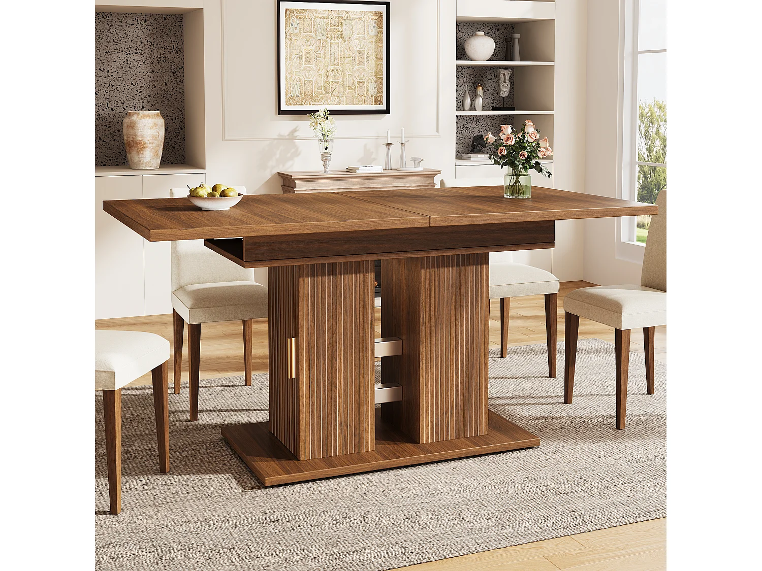 Rozkładany stół jadalny 120/160 x 80 x 75 cm ze schowkiem i podstawą z listew - MDF i metal - Ciemny brąz