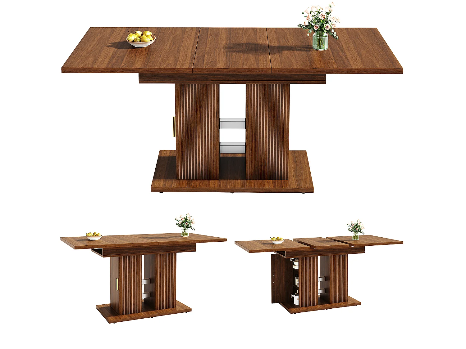 Rozkładany stół jadalny 120/160 x 80 x 75 cm ze schowkiem i podstawą z listew - MDF i metal - Ciemny brąz
