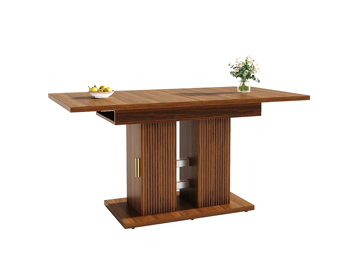 Rozkładany stół jadalny 120/160 x 80 x 75 cm ze schowkiem i podstawą z listew - MDF i metal - Ciemny brąz