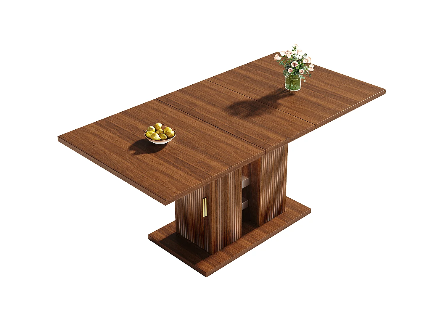Rozkładany stół jadalny 120/160 x 80 x 75 cm ze schowkiem i podstawą z listew - MDF i metal - Ciemny brąz