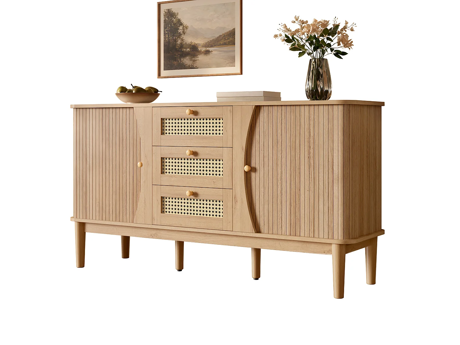 Buffet avec 2 portes coulissantes, 3 tiroirs en rotin et étagères réglables - MDF - 141 x 40 x 77 cm - Aspect bois