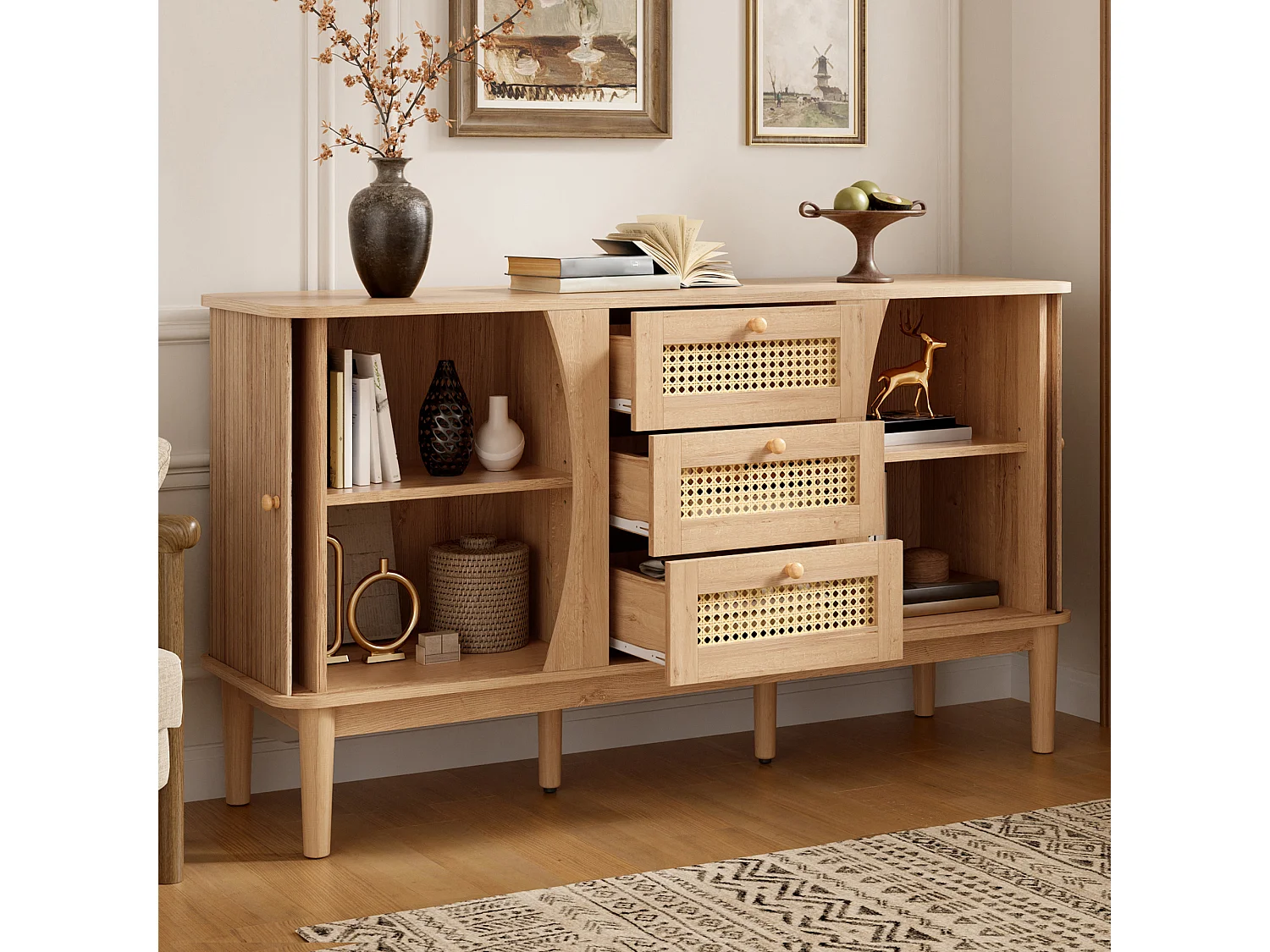 Buffet avec 2 portes coulissantes, 3 tiroirs en rotin et étagères réglables - MDF - 141 x 40 x 77 cm - Aspect bois