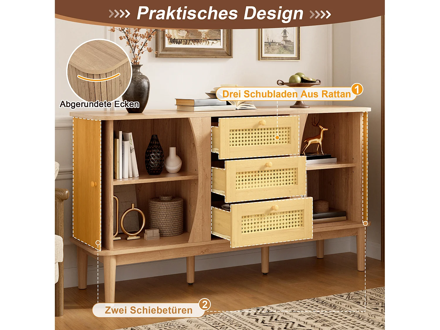 Buffet avec 2 portes coulissantes, 3 tiroirs en rotin et étagères réglables - MDF - 141 x 40 x 77 cm - Aspect bois