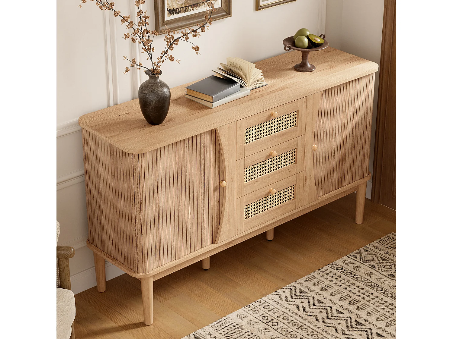 Buffet avec 2 portes coulissantes, 3 tiroirs en rotin et étagères réglables - MDF - 141 x 40 x 77 cm - Aspect bois