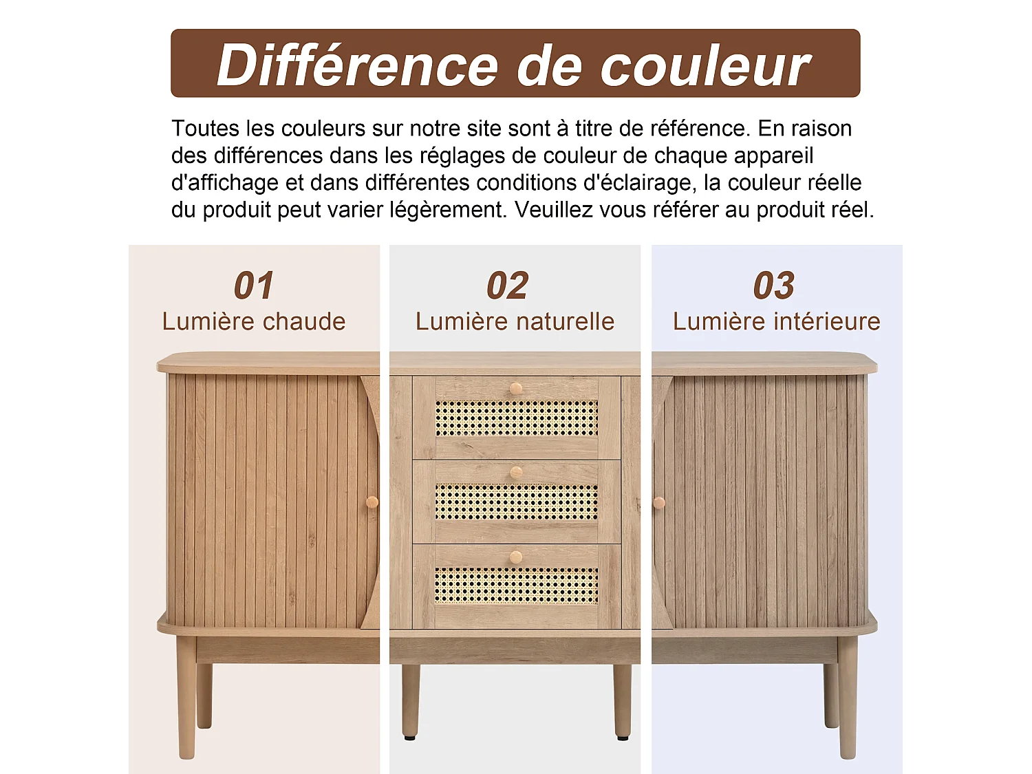 Buffet avec 2 portes coulissantes, 3 tiroirs en rotin et étagères réglables - MDF - 141 x 40 x 77 cm - Aspect bois