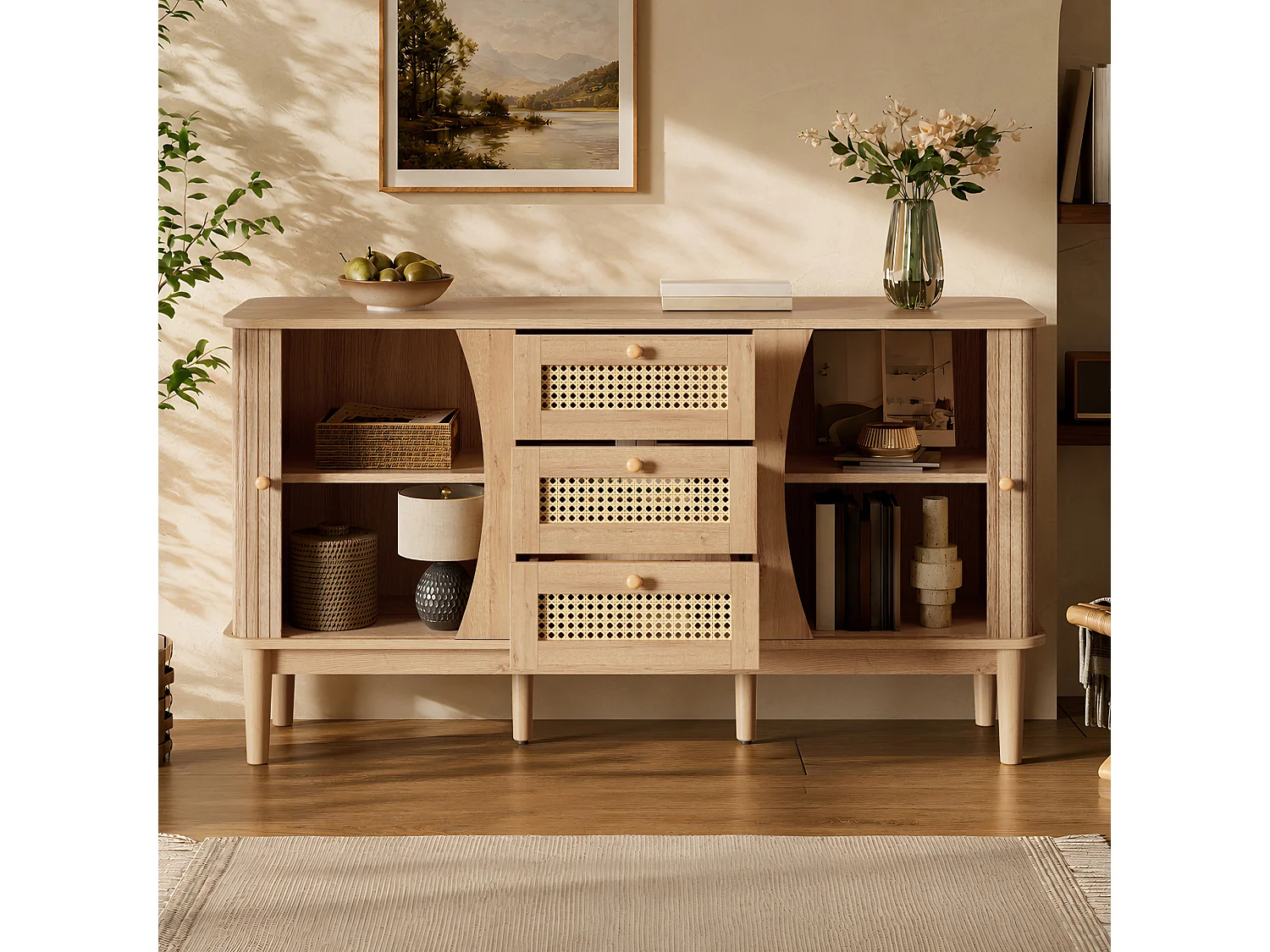 Buffet avec 2 portes coulissantes, 3 tiroirs en rotin et étagères réglables - MDF - 141 x 40 x 77 cm - Aspect bois