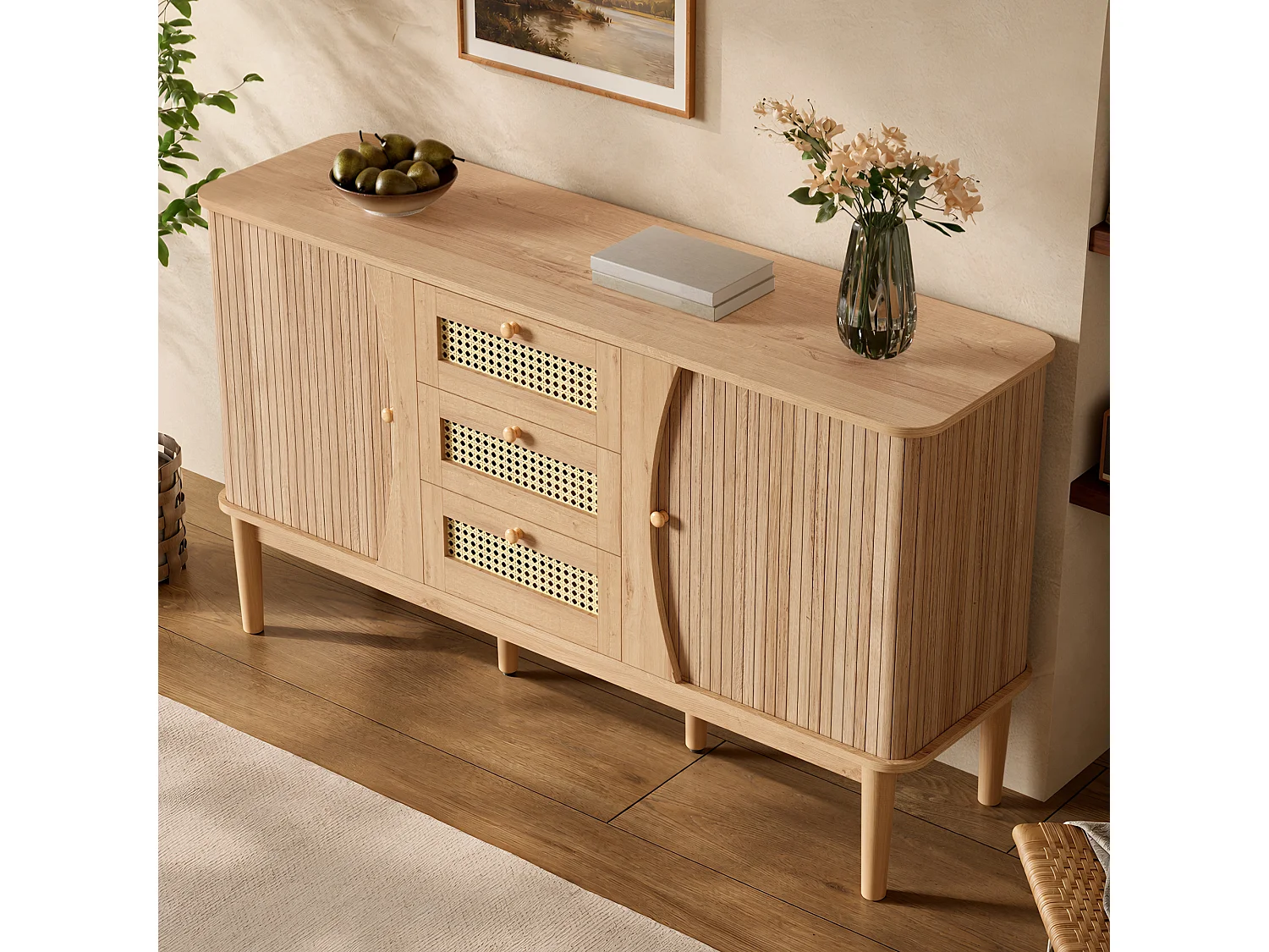 Buffet avec 2 portes coulissantes, 3 tiroirs en rotin et étagères réglables - MDF - 141 x 40 x 77 cm - Aspect bois