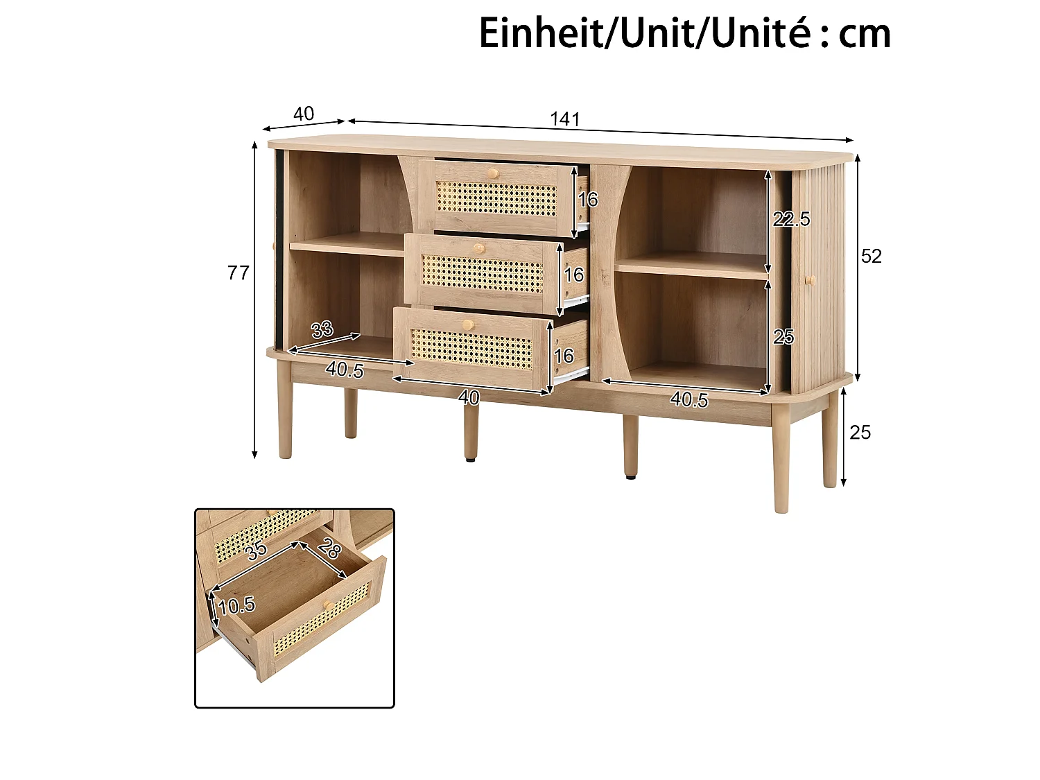Buffet avec 2 portes coulissantes, 3 tiroirs en rotin et étagères réglables - MDF - 141 x 40 x 77 cm - Aspect bois