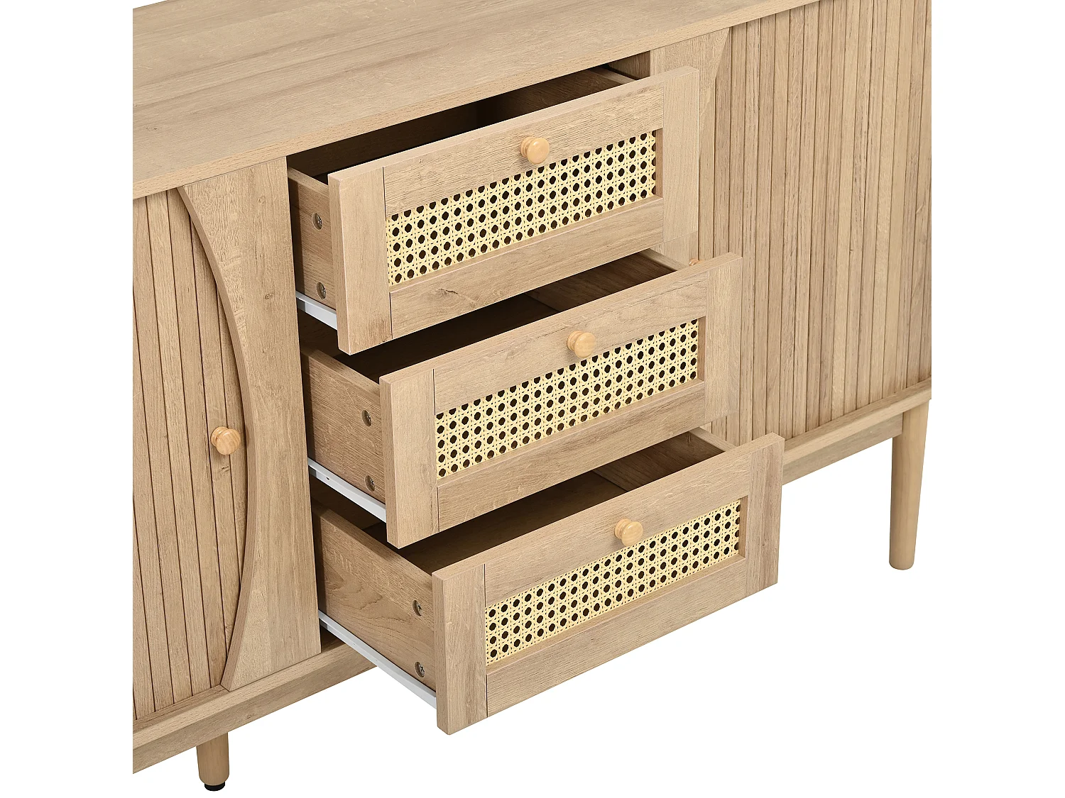 Buffet avec 2 portes coulissantes, 3 tiroirs en rotin et étagères réglables - MDF - 141 x 40 x 77 cm - Aspect bois