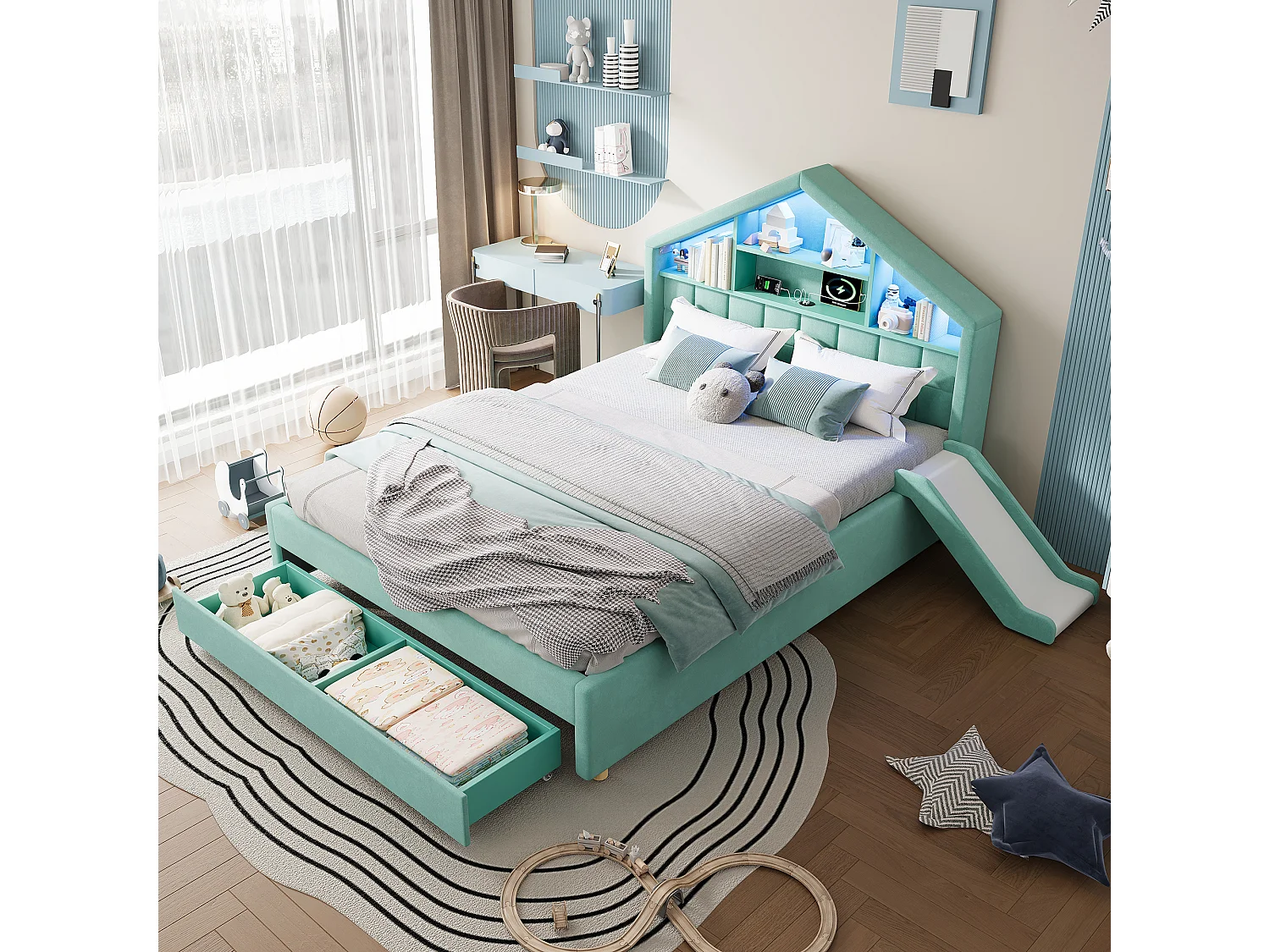Gestoffeerd kinderbed 140 x 200 cm met omkeerbaar schuifblad, 1 lade en ledverlichting - Fluweel - Blauwgroen (matras niet inbegrepen)