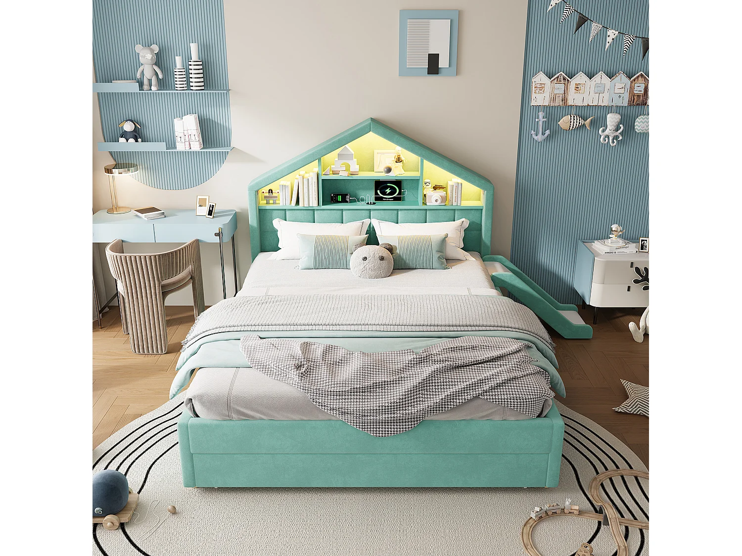 Gestoffeerd kinderbed 140 x 200 cm met omkeerbaar schuifblad, 1 lade en ledverlichting - Fluweel - Blauwgroen (matras niet inbegrepen)