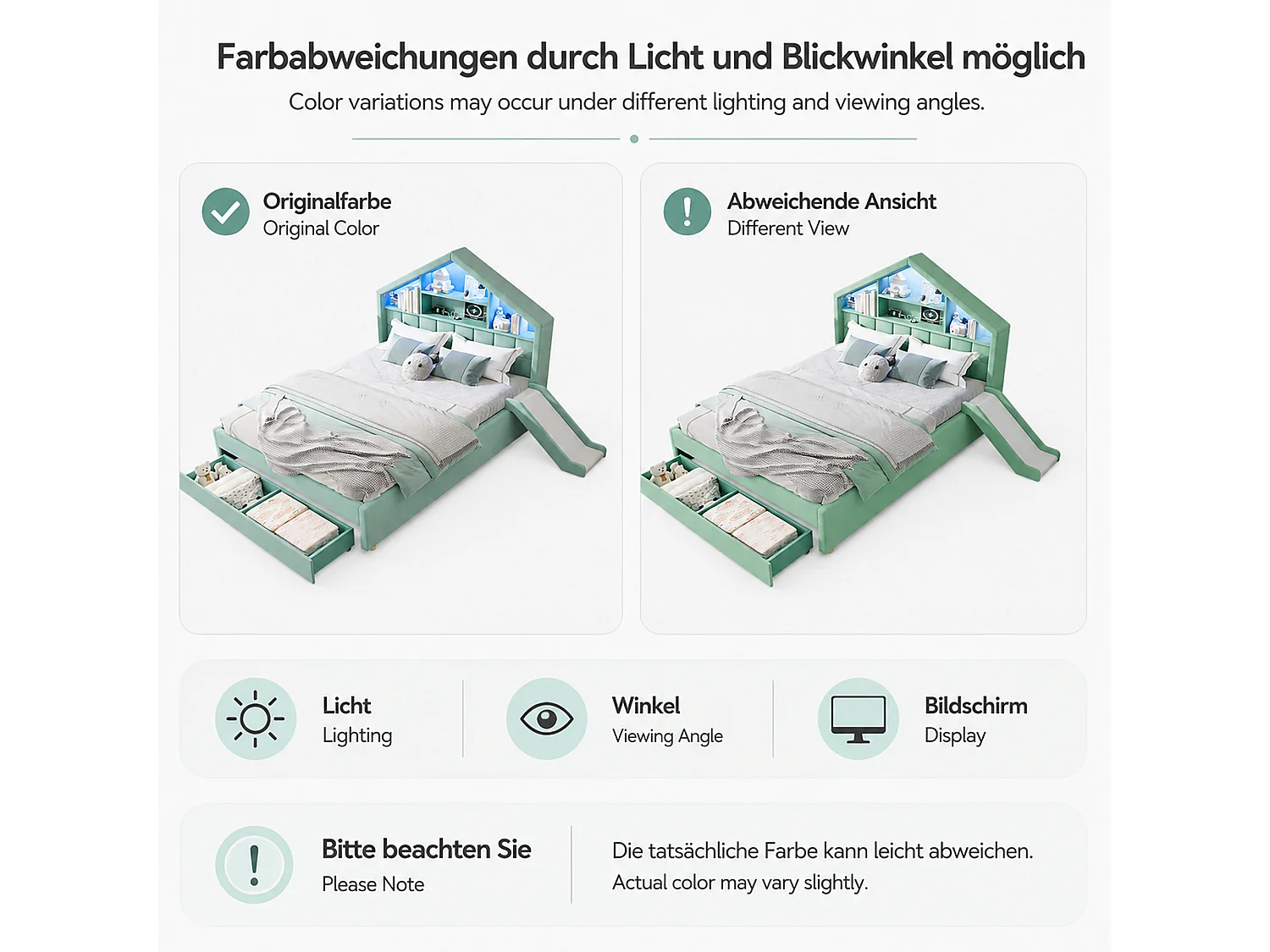Gestoffeerd kinderbed 140 x 200 cm met omkeerbaar schuifblad, 1 lade en ledverlichting - Fluweel - Blauwgroen (matras niet inbegrepen)