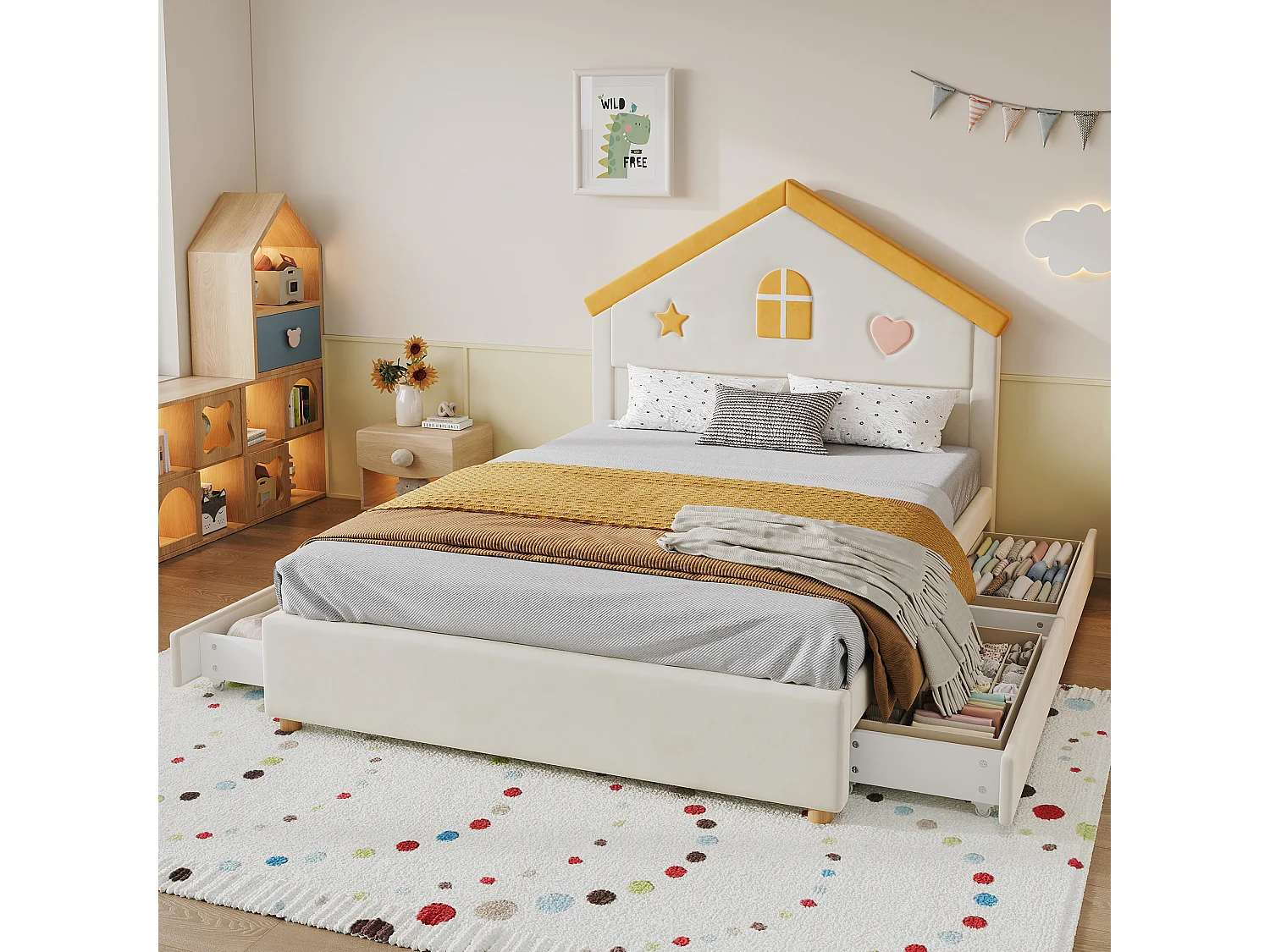 Børneseng 140 x 200 cm med hovedgærde i kabinestil og 4 skuffer - Fløjl - Beige (madras medfølger ikke)