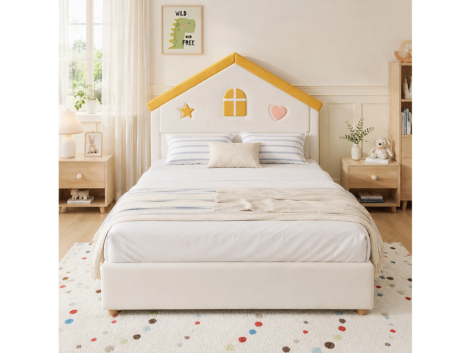 Børneseng 140 x 200 cm med hovedgærde i kabinestil og 4 skuffer - Fløjl - Beige (madras medfølger ikke)