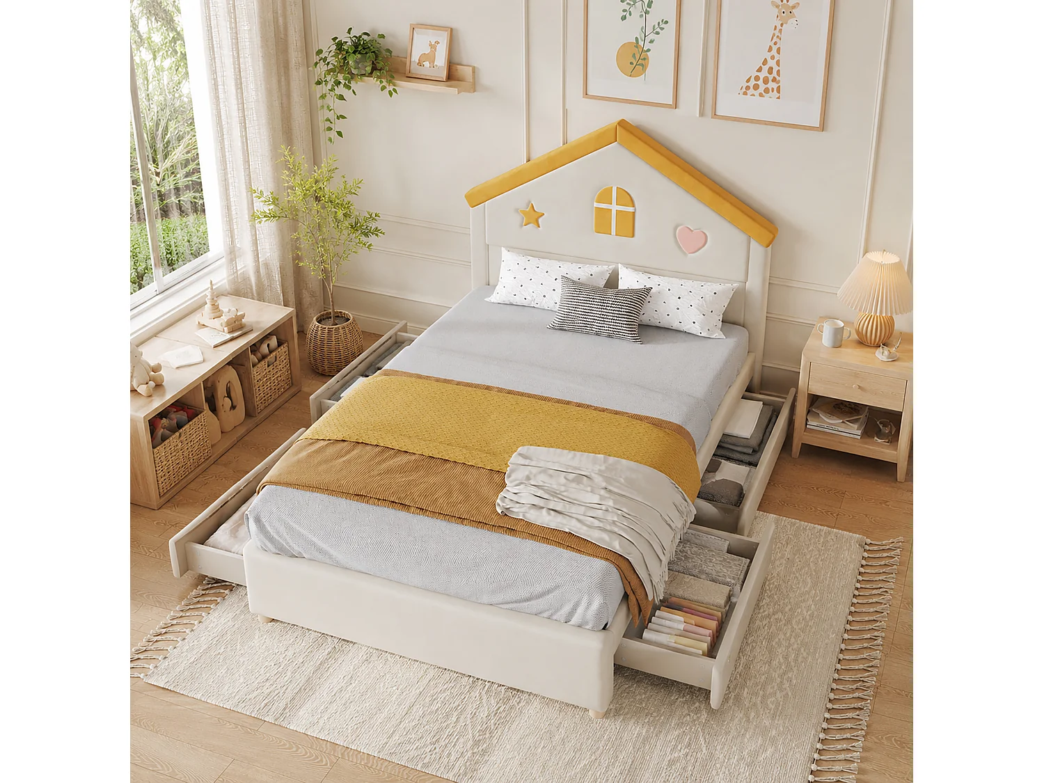 Børneseng 140 x 200 cm med hovedgærde i kabinestil og 4 skuffer - Fløjl - Beige (madras medfølger ikke)