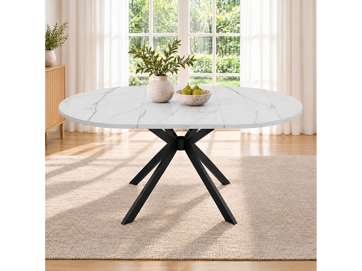 Rozkładany okrągły stół jadalny 100/140 x 100 cm ze zintegrowaną wkładką i metalowymi nogami - MDF - imitacja białego marmuru