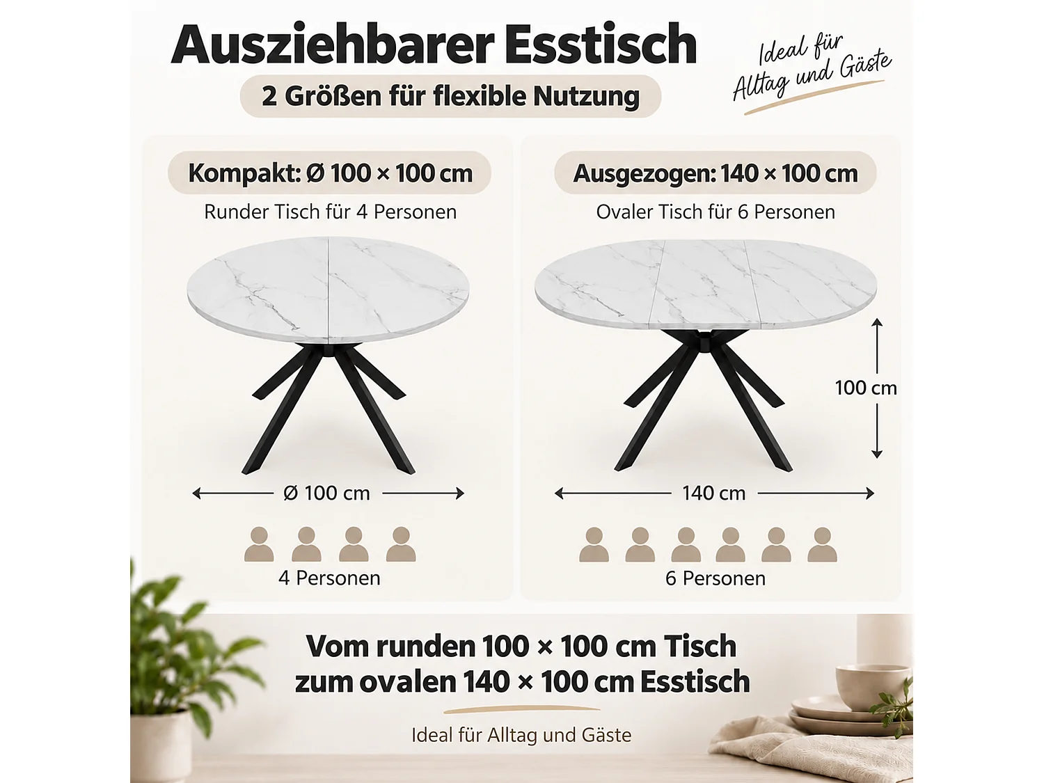 Rozkładany okrągły stół jadalny 100/140 x 100 cm ze zintegrowaną wkładką i metalowymi nogami - MDF - imitacja białego marmuru
