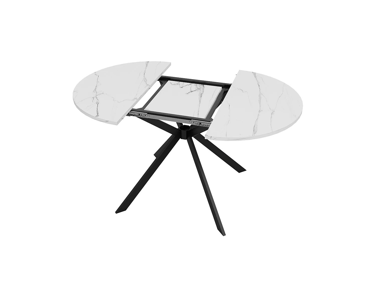 Rozkładany okrągły stół jadalny 100/140 x 100 cm ze zintegrowaną wkładką i metalowymi nogami - MDF - imitacja białego marmuru