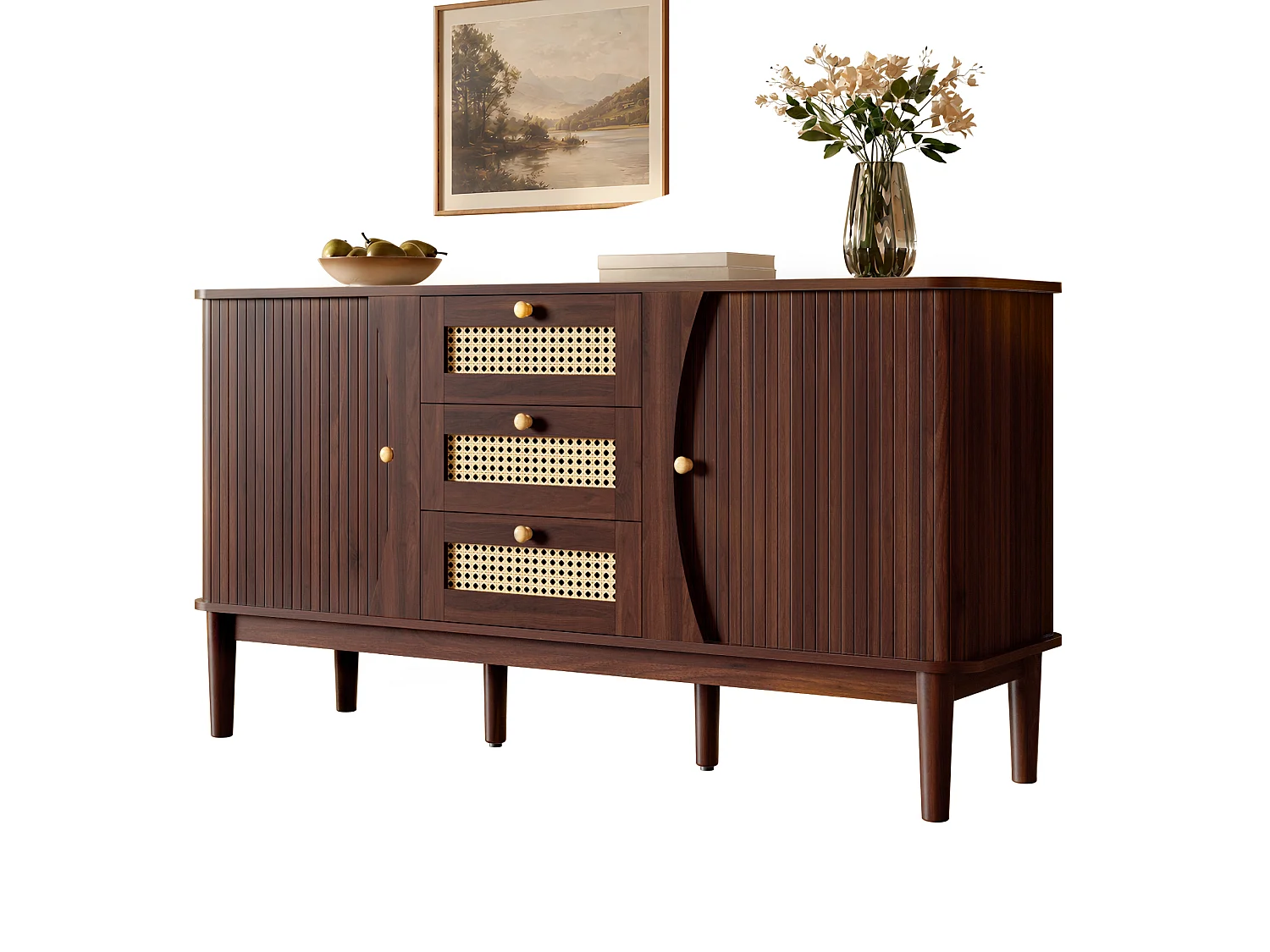 Buffet avec 2 portes coulissantes, 3 tiroirs en rotin et étagères réglables - MDF - 141 x 40 x 77 cm - Noyer