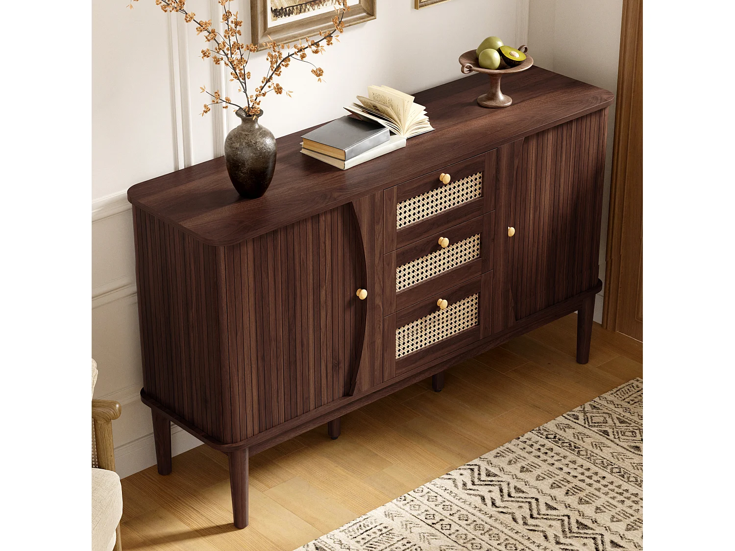 Buffet avec 2 portes coulissantes, 3 tiroirs en rotin et étagères réglables - MDF - 141 x 40 x 77 cm - Noyer