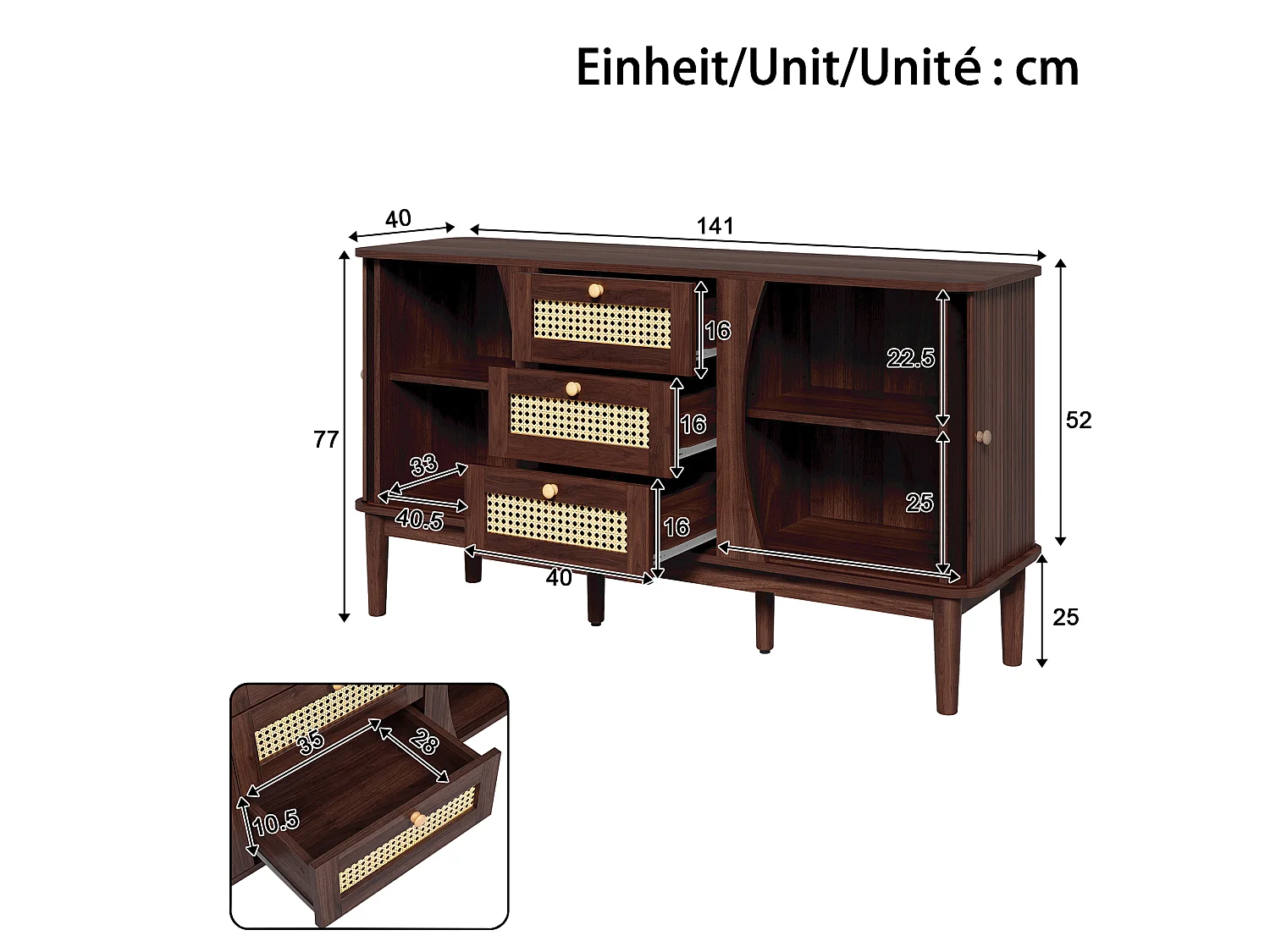 Buffet avec 2 portes coulissantes, 3 tiroirs en rotin et étagères réglables - MDF - 141 x 40 x 77 cm - Noyer