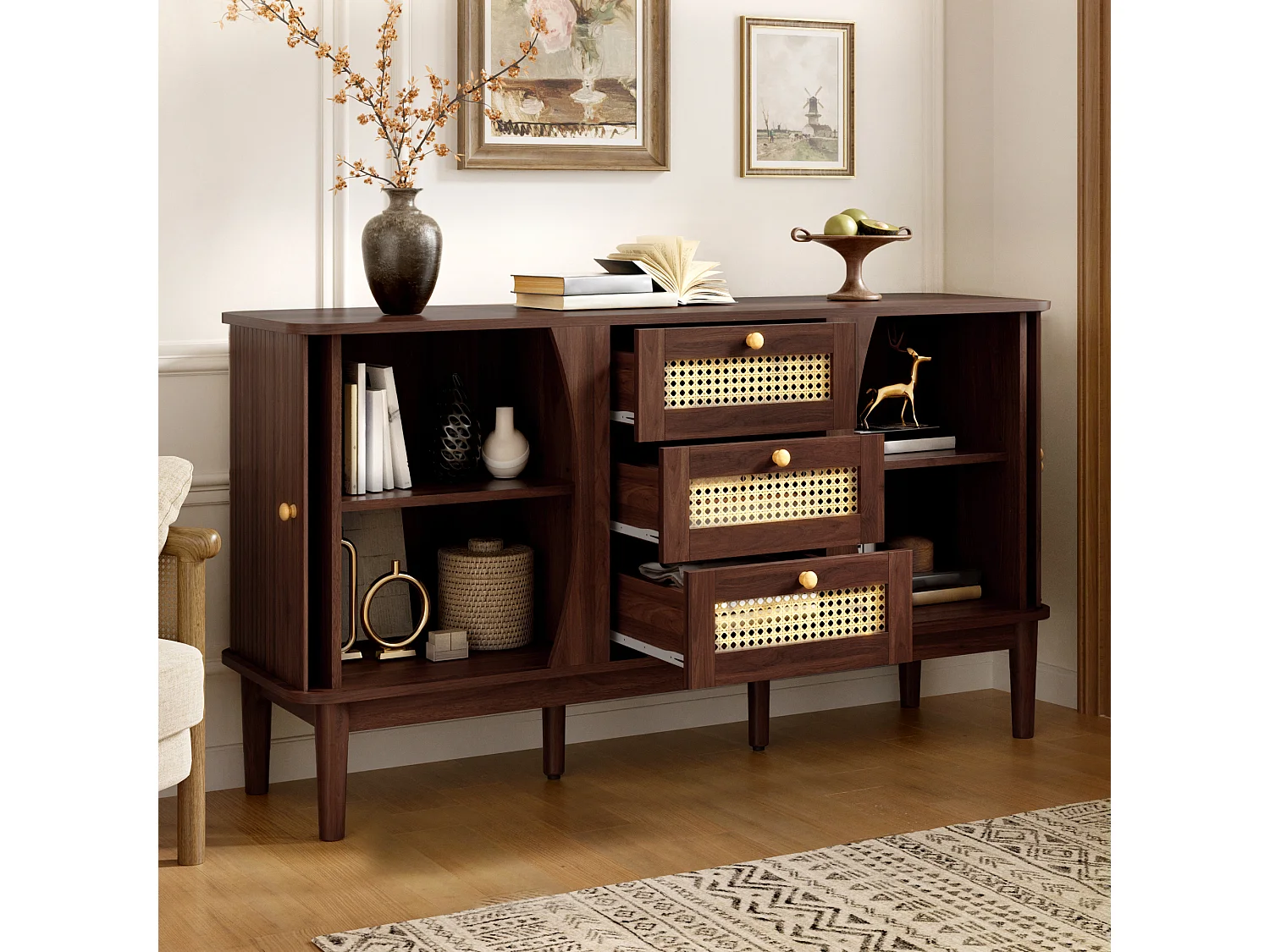 Buffet avec 2 portes coulissantes, 3 tiroirs en rotin et étagères réglables - MDF - 141 x 40 x 77 cm - Noyer