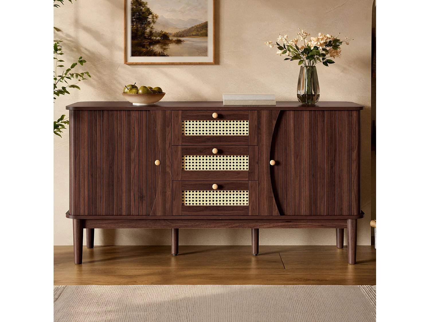 Buffet avec 2 portes coulissantes, 3 tiroirs en rotin et étagères réglables - MDF - 141 x 40 x 77 cm - Noyer