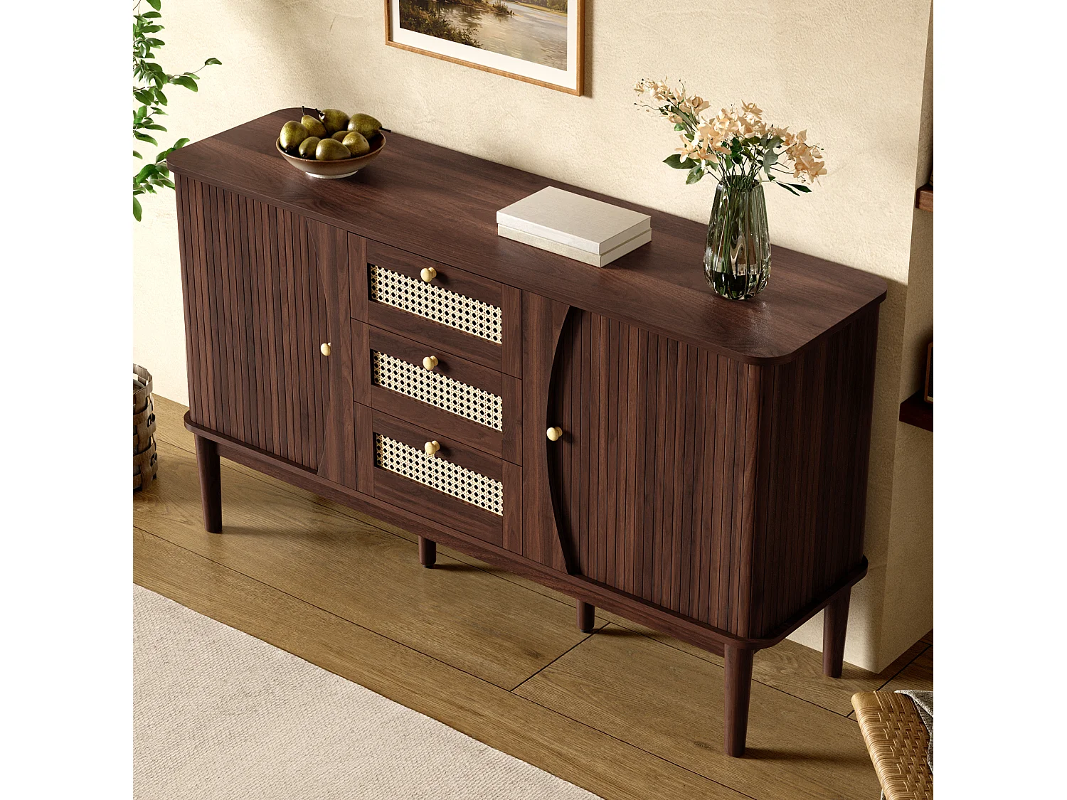 Buffet avec 2 portes coulissantes, 3 tiroirs en rotin et étagères réglables - MDF - 141 x 40 x 77 cm - Noyer